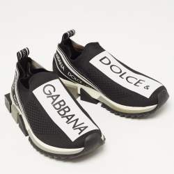 Pre Owned Dolce & Gabbana Black/White Logo Print Knit Fabric Sorrento Sneakers Size 39.5