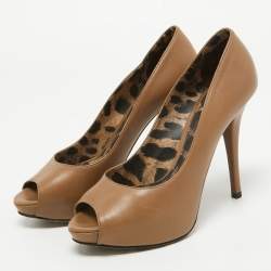 Pre Owned Dolce & Gabbana Light Brown Leather Peep Toe Platform Pumps Size 38.5