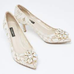 Pre Owned Dolce & Gabbana White Lace Crystal Embellished Taormina Pumps Size 36.5
