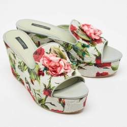 Pre Owned Dolce & Gabbana Light Green Rose Print Canvas Embellished Flower Applique Wedge Slide Sandals Size 39