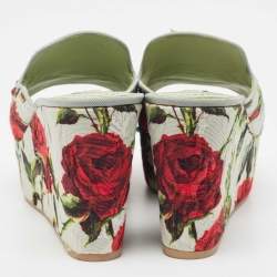 Pre Owned Dolce & Gabbana Light Green Rose Print Canvas Embellished Flower Applique Wedge Slide Sandals Size 39