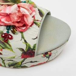 Pre Owned Dolce & Gabbana Light Green Rose Print Canvas Embellished Flower Applique Wedge Slide Sandals Size 39