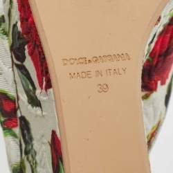 Pre Owned Dolce & Gabbana Light Green Rose Print Canvas Embellished Flower Applique Wedge Slide Sandals Size 39