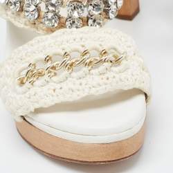 Pre Owned Dolce & Gabbana White Woven Lace Crystal Embellished Ankle Strap Sandals Size 37