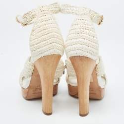 Pre Owned Dolce & Gabbana White Woven Lace Crystal Embellished Ankle Strap Sandals Size 37