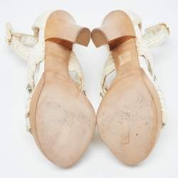 Pre Owned Dolce & Gabbana White Woven Lace Crystal Embellished Ankle Strap Sandals Size 37