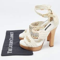 Pre Owned Dolce & Gabbana White Woven Lace Crystal Embellished Ankle Strap Sandals Size 37
