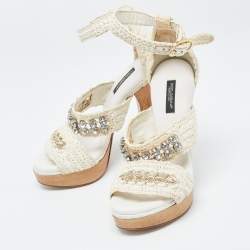 Pre Owned Dolce & Gabbana White Woven Lace Crystal Embellished Ankle Strap Sandals Size 37