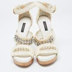Pre Owned Dolce & Gabbana White Woven Lace Crystal Embellished Ankle Strap Sandals Size 37