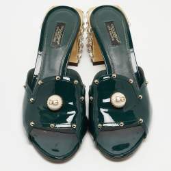 Pre Owned Dolce & Gabbana Dark Green Patent Leather Crystal Embellished Slide Sandals Size 41
