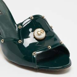 Pre Owned Dolce & Gabbana Dark Green Patent Leather Crystal Embellished Slide Sandals Size 41