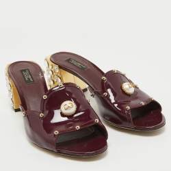 Pre Owned Dolce & Gabbana Burgundy Patent Leather Crystal Embellished Slide Sandals Size 41
