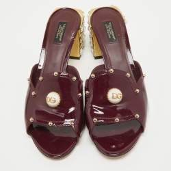Pre Owned Dolce & Gabbana Burgundy Patent Leather Crystal Embellished Slide Sandals Size 41