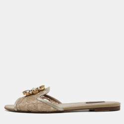 Pre Owned Dolce & Gabbana Silver/Beige Lace and Mesh Flat Slides Size 39.5