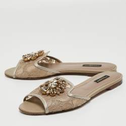 Pre Owned Dolce & Gabbana Silver/Beige Lace and Mesh Flat Slides Size 39.5