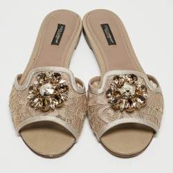 Pre Owned Dolce & Gabbana Silver/Beige Lace and Mesh Flat Slides Size 39.5
