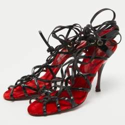مملوكة مسبقًا Dolce & Gabbana Red/Black Patent and Leather Lace Up Sandals Size 39