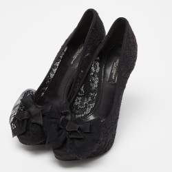 Pre Owned Dolce & Gabbana Black Lace Bow Peep Toe Platform Pumps Size 36