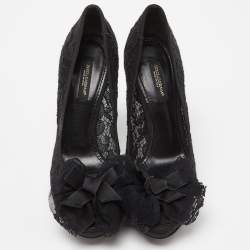 Pre Owned Dolce & Gabbana Black Lace Bow Peep Toe Platform Pumps Size 36