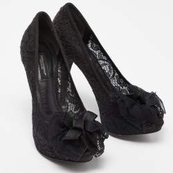 Pre Owned Dolce & Gabbana Black Lace Bow Peep Toe Platform Pumps Size 36