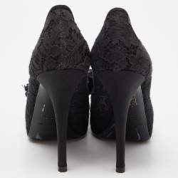 Pre Owned Dolce & Gabbana Black Lace Bow Peep Toe Platform Pumps Size 36
