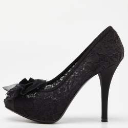 Pre Owned Dolce & Gabbana Black Lace Bow Peep Toe Platform Pumps Size 36
