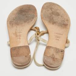 Pre Owned Dolce & Gabbana Beige Textured Leather Crystal Embellished Thong Flat Sandals Size 39.5