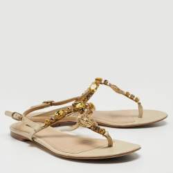 Pre Owned Dolce & Gabbana Beige Textured Leather Crystal Embellished Thong Flat Sandals Size 39.5