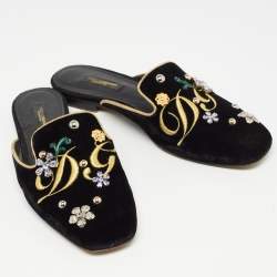 Pre Owned Dolce & Gabbana Black Velvet Jackie Embellished Mules Size 37