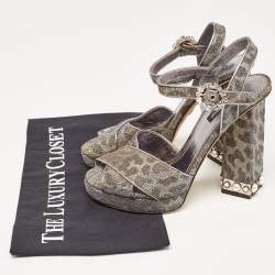 Dolce & Gabbana Silver/Gold Leopard Print Glitter Fabric Ankle Strap Block Heel Sandals Size 37