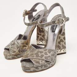 Dolce & Gabbana Silver/Gold Leopard Print Glitter Fabric Ankle Strap Block Heel Sandals Size 37