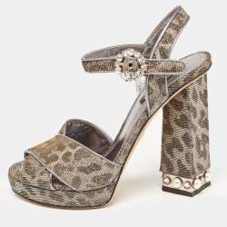Dolce & Gabbana Silver/Gold Leopard Print Glitter Fabric Ankle Strap Block Heel Sandals Size 37
