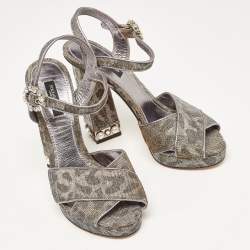 Dolce & Gabbana Silver/Gold Leopard Print Glitter Fabric Ankle Strap Block Heel Sandals Size 37