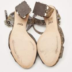 Dolce & Gabbana Silver/Gold Leopard Print Glitter Fabric Ankle Strap Block Heel Sandals Size 37