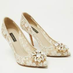 Pre Owned Dolce & Gabbana Off White Lace and Mesh Bellucci Pumps Size 37
