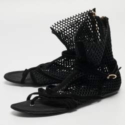 Pre Owned Dolce & Gabbana Black Mesh and Suede Strappy Thong Flat Sandals Size 39.5
