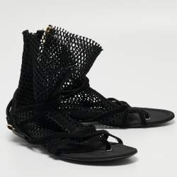 Pre Owned Dolce & Gabbana Black Mesh and Suede Strappy Thong Flat Sandals Size 39.5