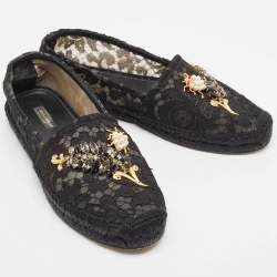 Pre Owned Dolce & Gabbana Black Lace Crystal Embellished Espadrille Flats Size 40