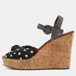 Dolce & Gabbana Black/Grey Knotted Polka Dot Fabric and Raffia Cork Wedge Ankle Strap Sandals Size 41