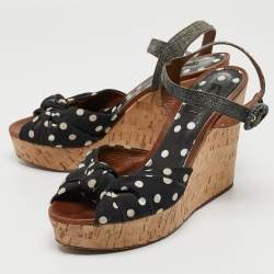 Dolce & Gabbana Black/Grey Knotted Polka Dot Fabric and Raffia Cork Wedge Ankle Strap Sandals Size 41