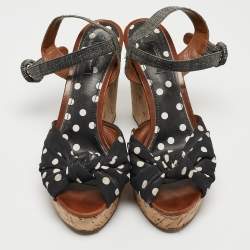 Dolce & Gabbana Black/Grey Knotted Polka Dot Fabric and Raffia Cork Wedge Ankle Strap Sandals Size 41