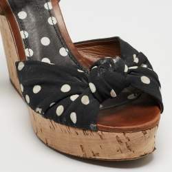 Dolce & Gabbana Black/Grey Knotted Polka Dot Fabric and Raffia Cork Wedge Ankle Strap Sandals Size 41