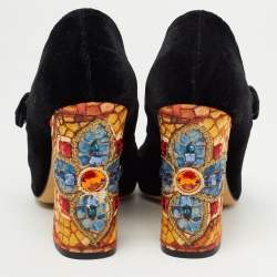 Pre Owned Dolce & Gabbana Black Velvet Crystal Embellished Printed Block Heel Mary Jane Pumps Size 40