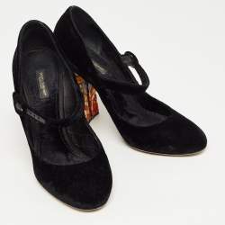 Pre Owned Dolce & Gabbana Black Velvet Crystal Embellished Printed Block Heel Mary Jane Pumps Size 40