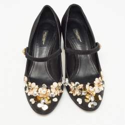Pre Owned Dolce & Gabbana Black Brocade Fabric Embellished Mary Jane Pumps Size 39