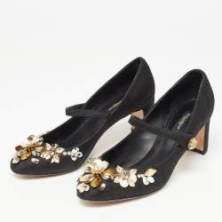 Pre Owned Dolce & Gabbana Black Brocade Fabric Embellished Mary Jane Pumps Size 39