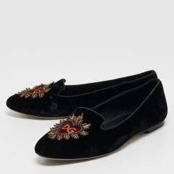 Dolce & Gabbana Black Embroidered Velvet Smoking Slippers Size 38