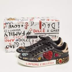 Pre Owned Dolce & Gabbana Black Leather Portofino Embellished Low Top Sneakers Size 39