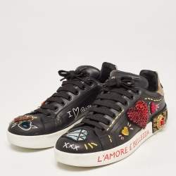 Pre Owned Dolce & Gabbana Black Leather Portofino Embellished Low Top Sneakers Size 39