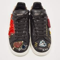 Pre Owned Dolce & Gabbana Black Leather Portofino Embellished Low Top Sneakers Size 39